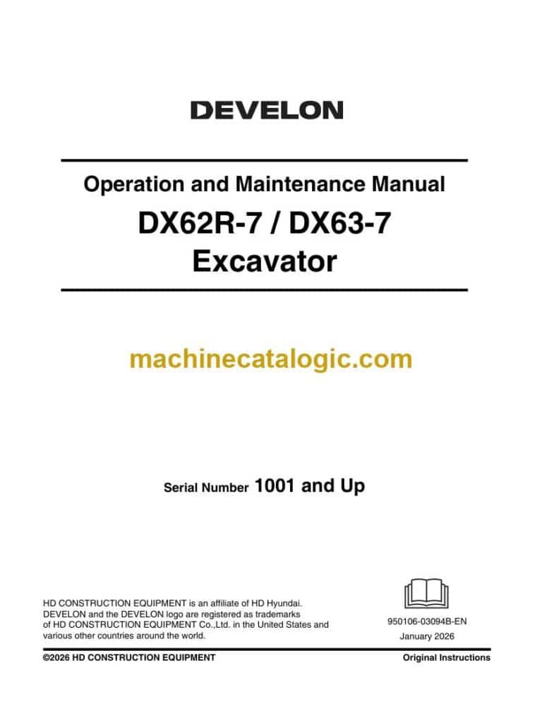 Develon DX62R-7, DX63-7 Mini Excavator Operation and Maintenance Manual (950106-03094B-EN)