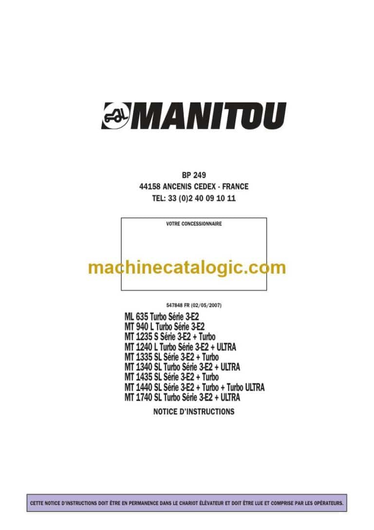 Manitou MT 1235 S Série 3-E2 + Turbo, MT 1240 L Turbo Série 3-E2 + ULTRA Notice D’instructions (547848FR) (05-2007)