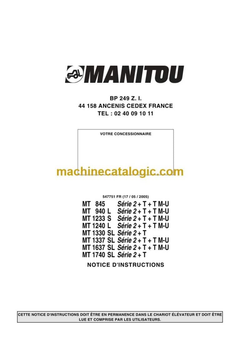 Manitou MT 845 Série 2 + T + T M-U Notice D’instructions (547751FR) (05-2005)
