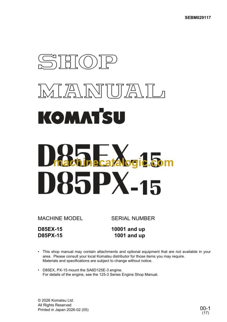 Komatsu D85EX-15, D85PX-15 Crawler Dozer Shop Manual (SEBM029117)