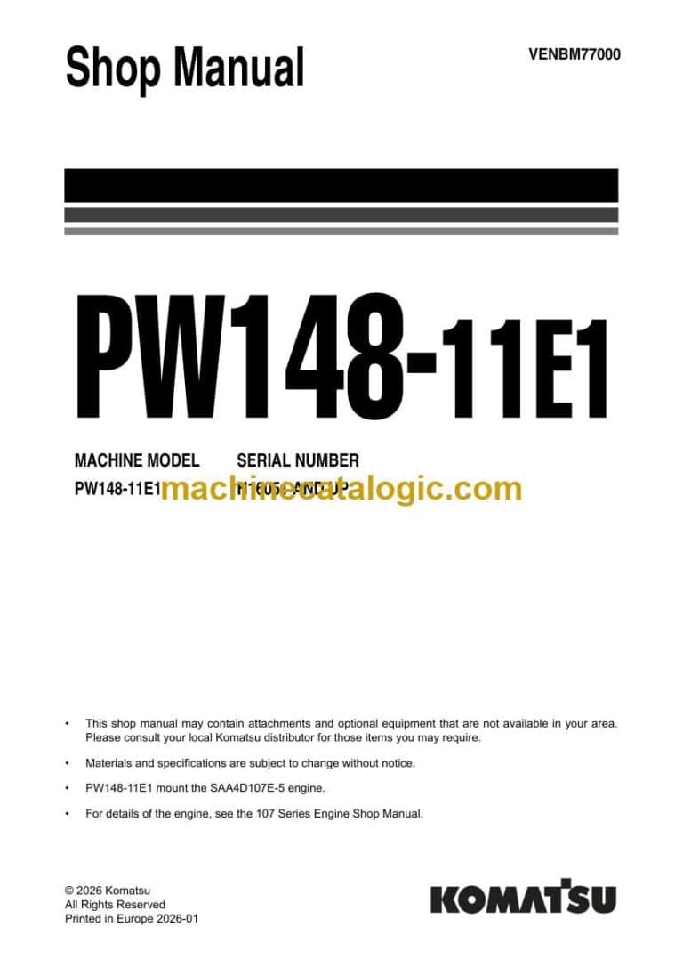 Komatsu PW148-11E1 Wheeled Excavator Shop Manual (VENBM77000)