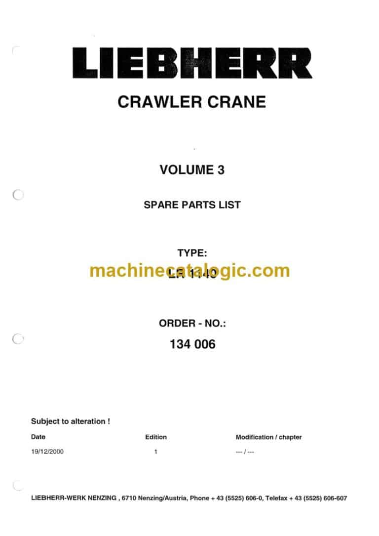 Liebherr LR 1160 Crawler Crane Spare Parts Catalogue (ETK-000)