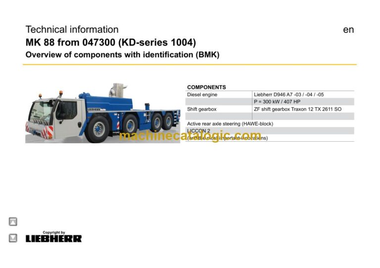 Liebherr MK 88 Mobile Construction Crane Technical Information and BMK Components Manual (Carrier) (SN 047324)