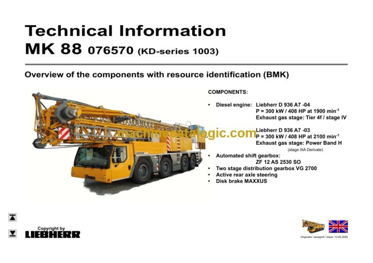 Liebherr MK 88 Mobile Construction Crane Technical Information and BMK Components Manual (Carrier) (SN 076869)
