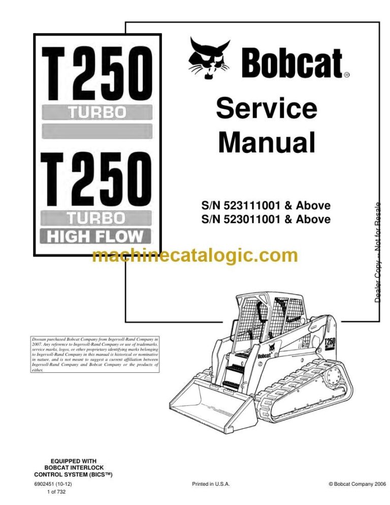Bobcat T250 Loader Service Manual (SN 523011001-523099999)