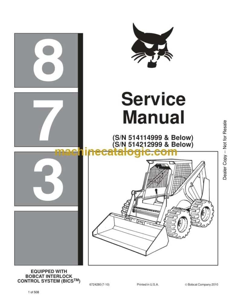 Bobcat 873 Loader Service Manual (SN 514211001-514212999)