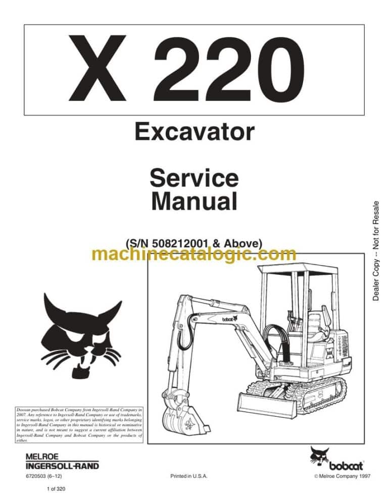 Bobcat 220 Excavator Service Manual (SN 508212001-508214999)