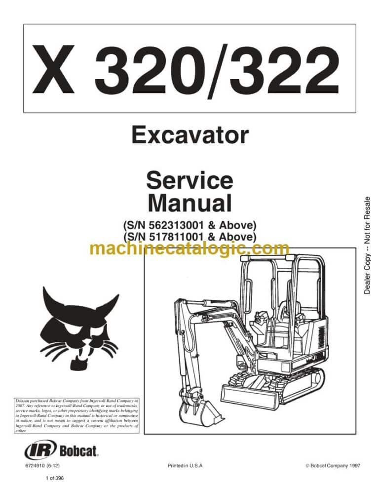 Bobcat 322 Excavator Service Manual (SN 517811001-517899999)
