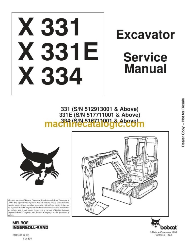 Bobcat 331 Excavator Service Manual (SN 512913001-512999999)