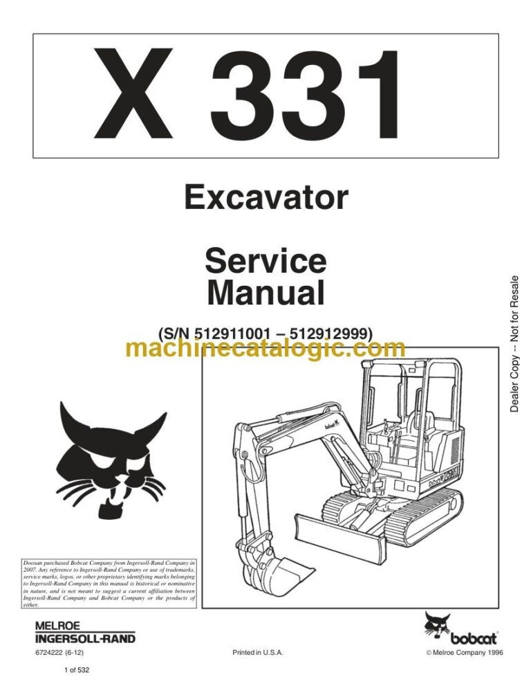 Bobcat 331 Excavator Service Manual (SN 512911001-512912999)