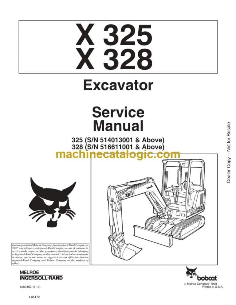 Bobcat 328 Excavator Service Manual (SN 516611001-516699999)
