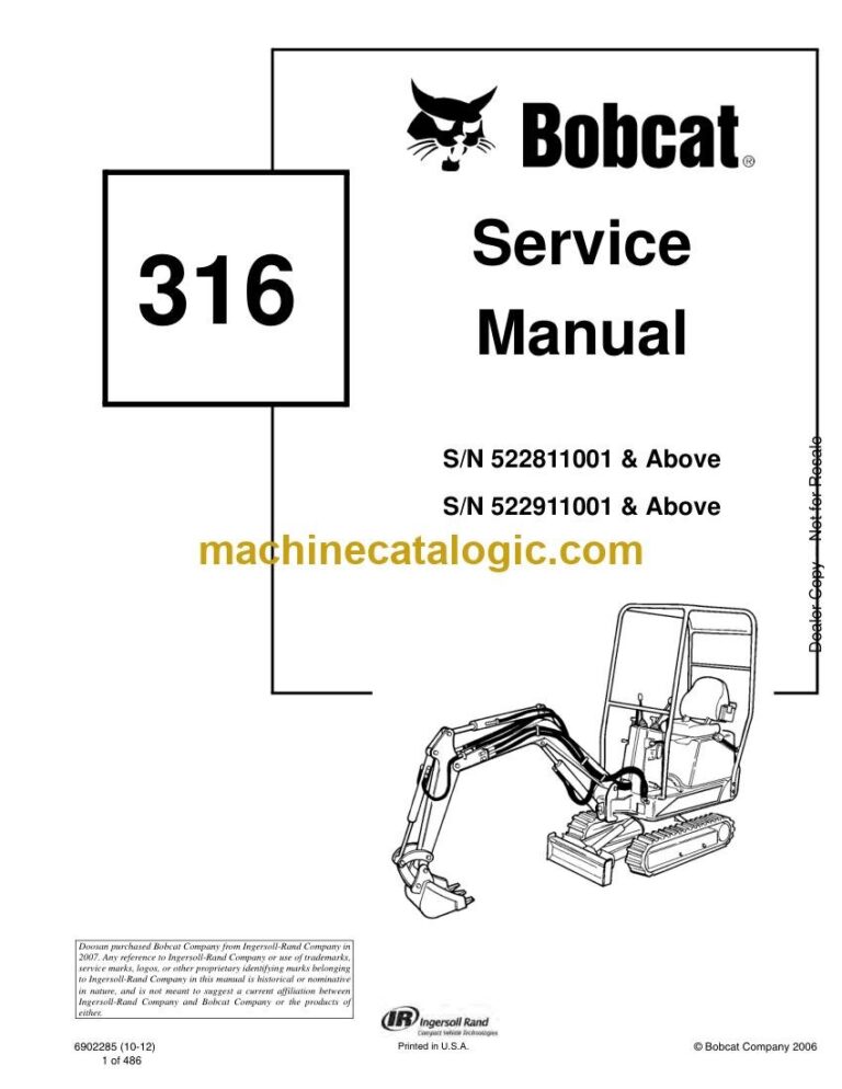 Bobcat 316 Excavator Service Manual (SN 522911001-522999999)