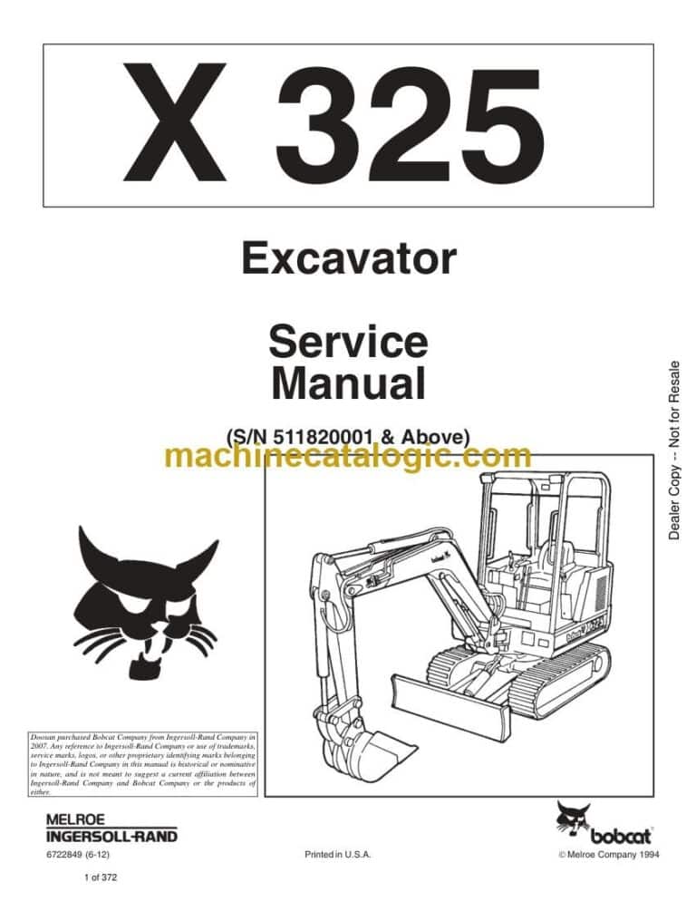 Bobcat 325 Excavator Service Manual (SN 511820001-511899999)