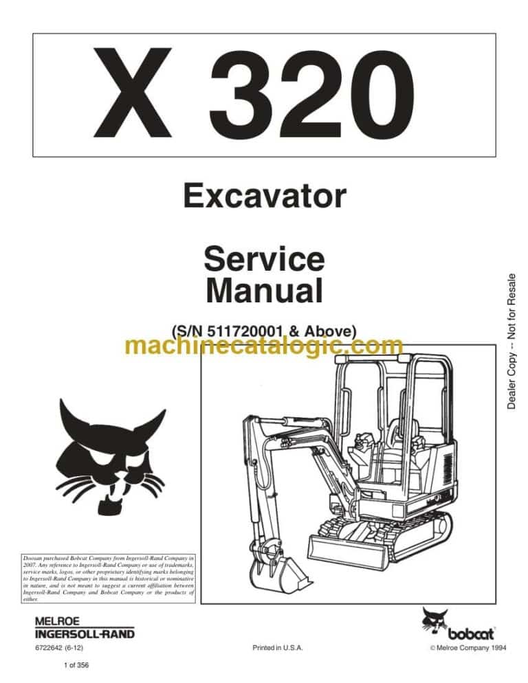 Bobcat 320 Excavator Service Manual (SN 511720001-511799999)