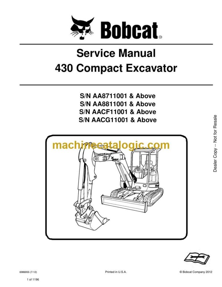 Bobcat 430 Excavator Service Manual (SN AA8811001-AA8899999)