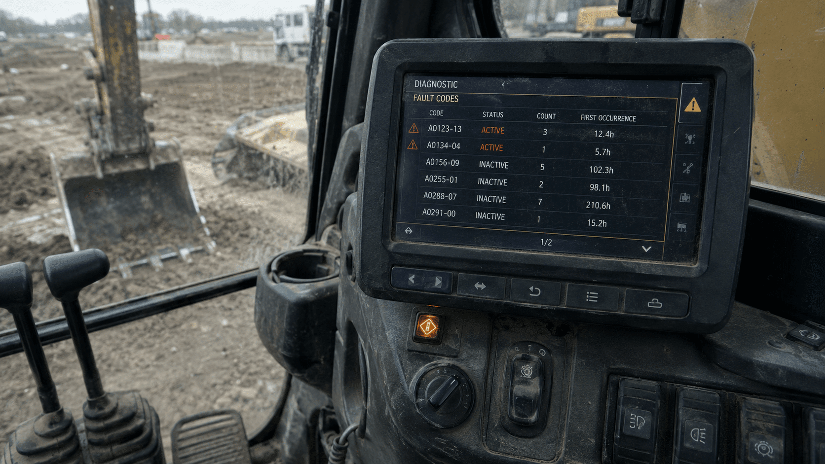 heavy equipment fault codes displayed on an excavator monitor