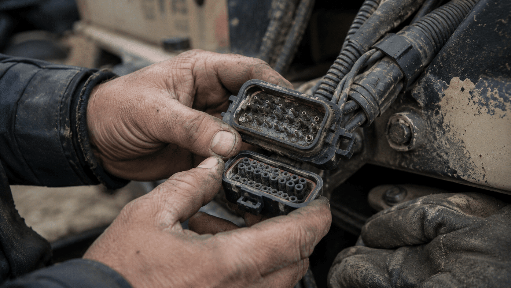 inspecting a corroded connector while diagnosing heavy equipment fault codes
