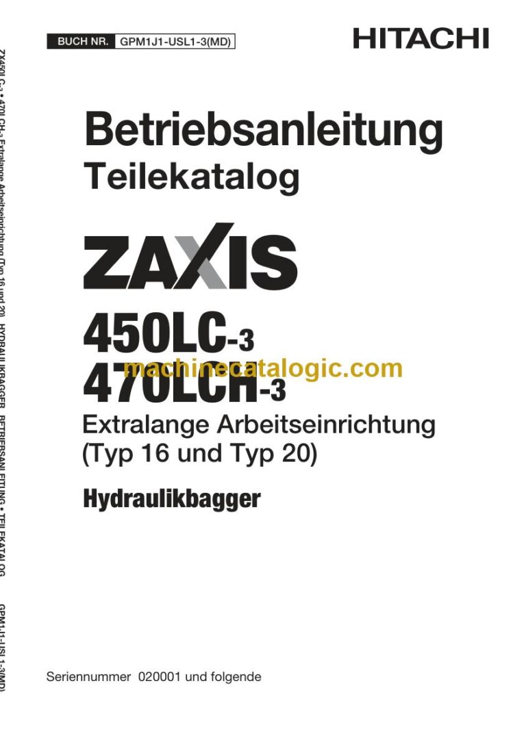 Hitachi ZX450LC-3, ZX470LCH-3 Hydraulikbagger Extralange Arbeitsausrüstung Betriebsanleitung (GPM1J1-USL1-3-MD) – Deckblatt