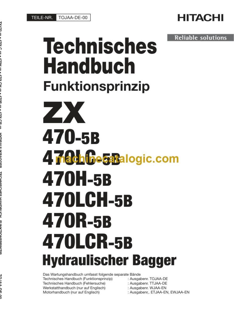 Hitachi ZX470-5B, ZX470LCR-5B Hydraulikbagger Technisches Handbuch (Funktionsprinzip) (TOJAA-DE-00) – Deckblatt