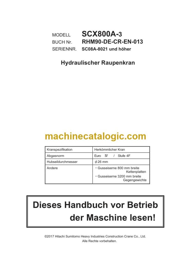 Hitachi SCX800A-3 Raupenkran Herkömmlicher Kran, Hubseil ø26 mm Betriebsanleitung (RHM90-DE-CR-EN-013R00) – Deckblatt