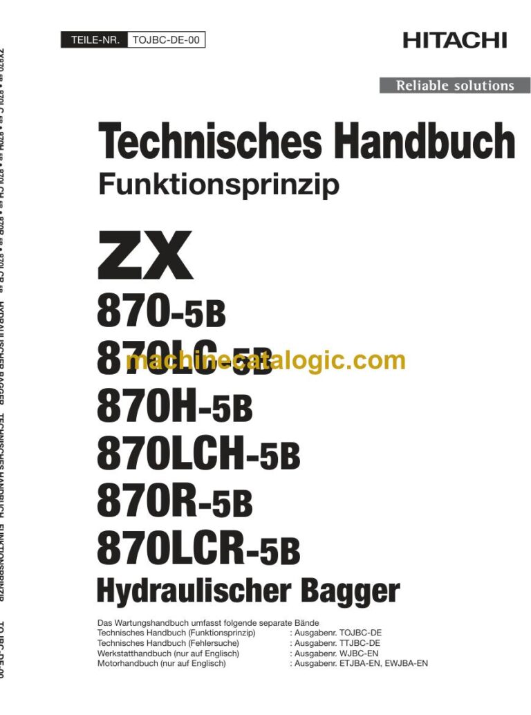 Hitachi ZX870H-5B, ZX870LCH-5B Hydraulikbagger Technisches Handbuch (Funktionsprinzip) (TOJBC-DE-00) – Deckblatt