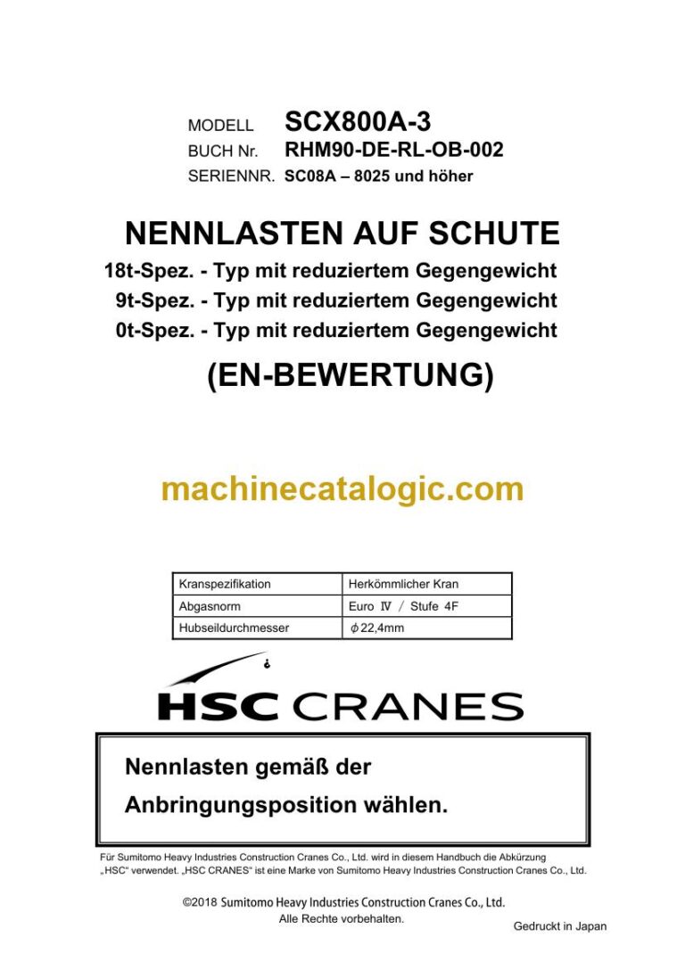 Hitachi SCX800A-3 Raupenkran Nennlasten auf Schuten Traglasttabelle (RHM90-DE-RL-OB-002R00) – Deckblatt