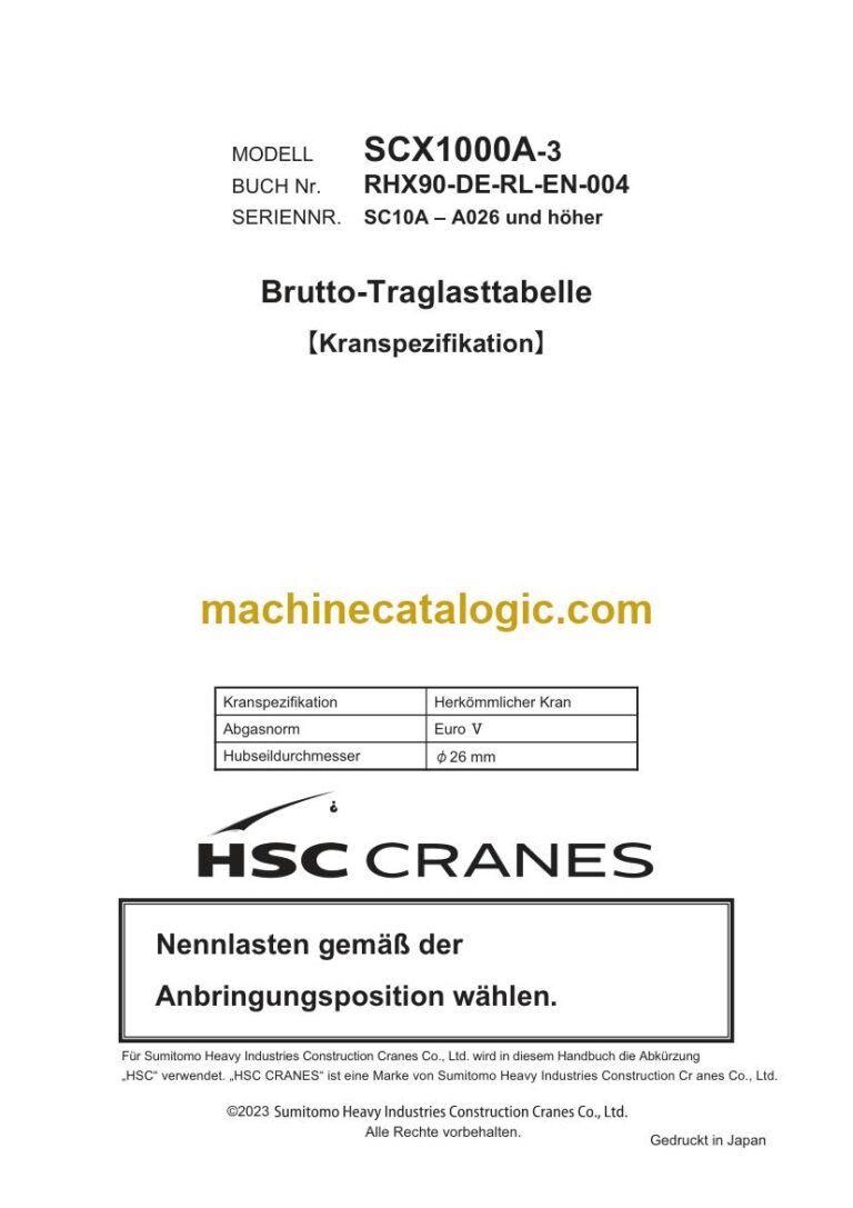 Hitachi SCX1000A-3 Raupenkran Brutto-Traglasttabelle Traglasttabelle (RHX90-DE-RL-EN-004R00) – Deckblatt