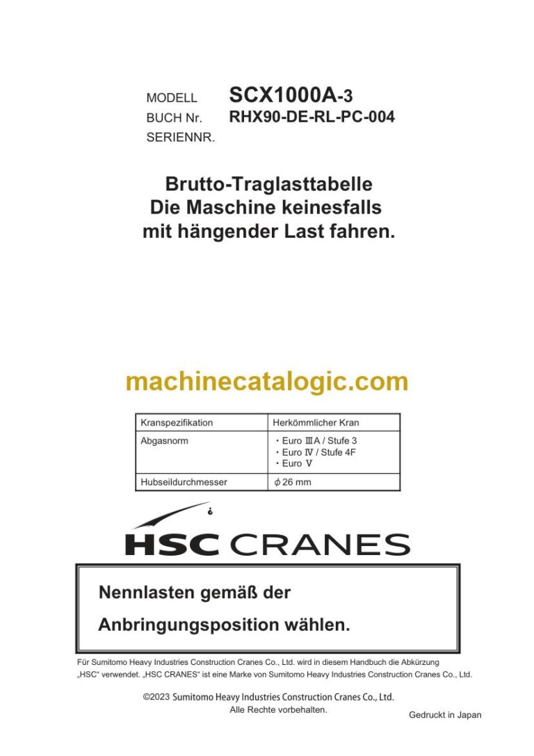 Hitachi SCX1000A-3 Raupenkran Brutto-Traglasttabelle Traglasttabelle (RHX90-DE-RL-PC-004R00) – Deckblatt