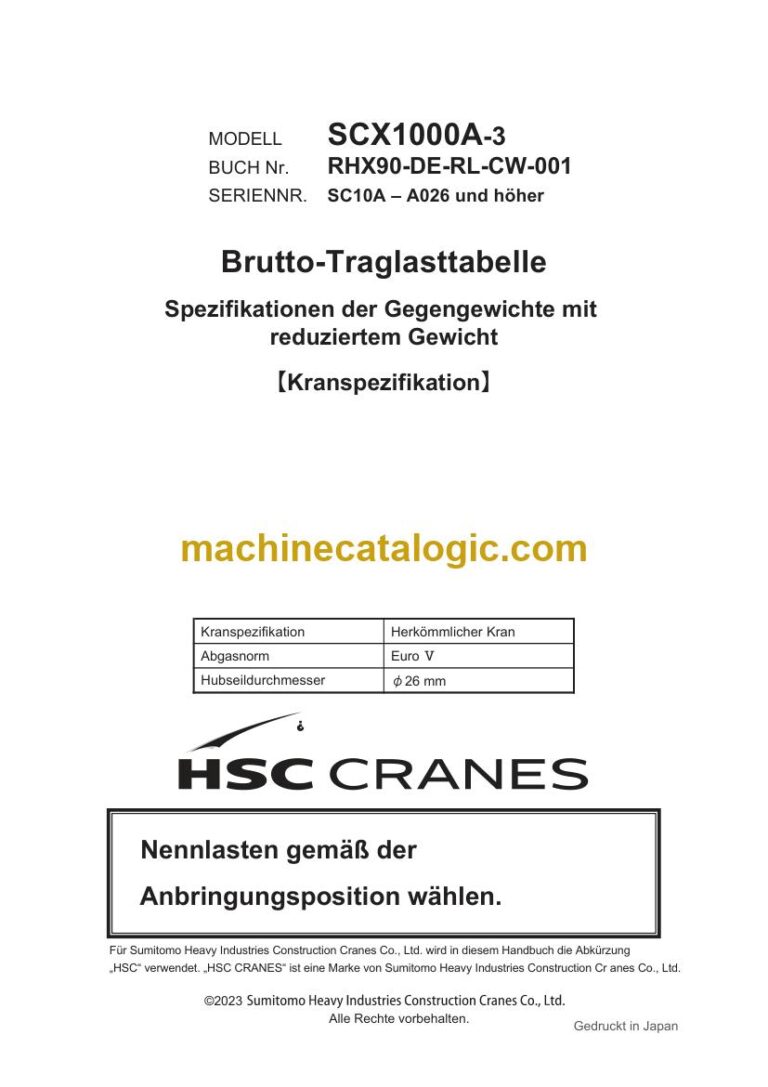 Hitachi SCX1000A-3 Raupenkran Gegengewichte mit reduziertem Gewicht Traglasttabelle (RHX90-DE-RL-CW-001R00) – Deckblatt