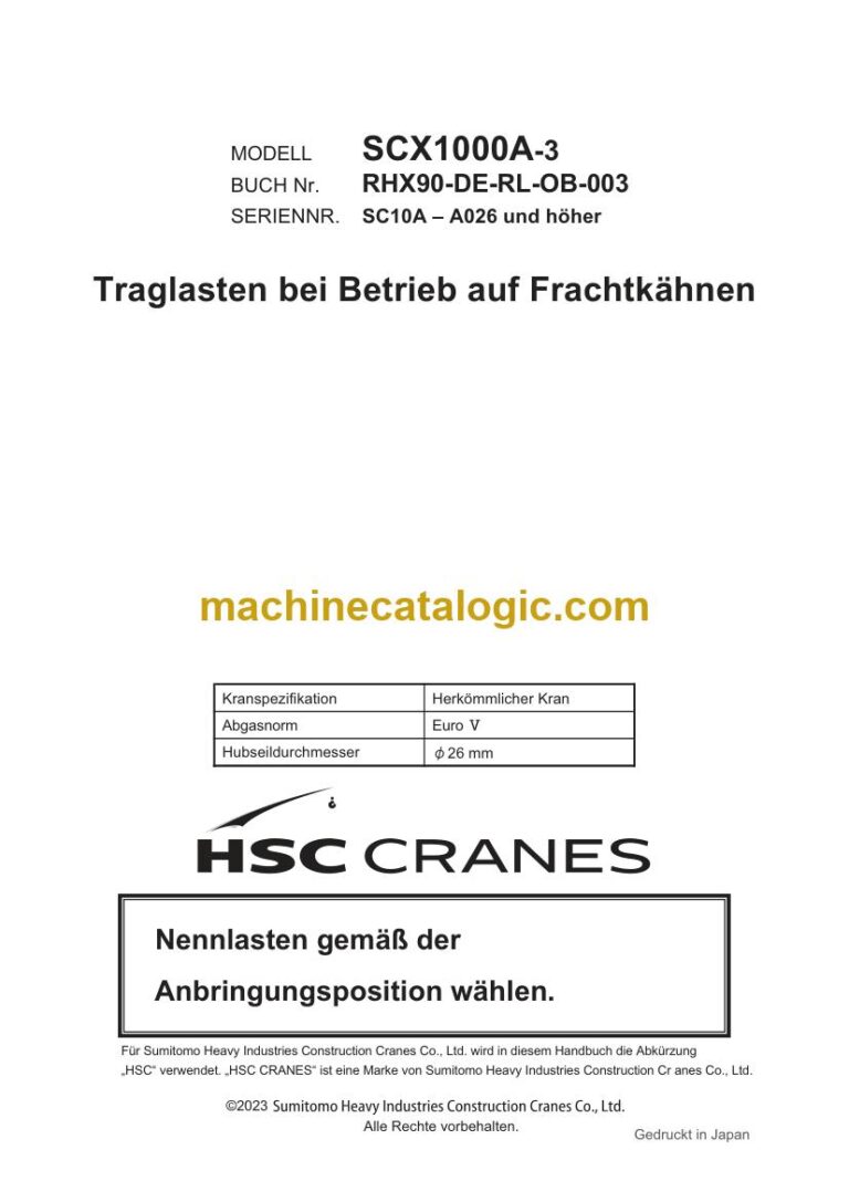 Hitachi SCX1000A-3 Raupenkran Traglasten auf Schuten Traglasttabelle (RHX90-DE-RL-OB-003R00) – Deckblatt