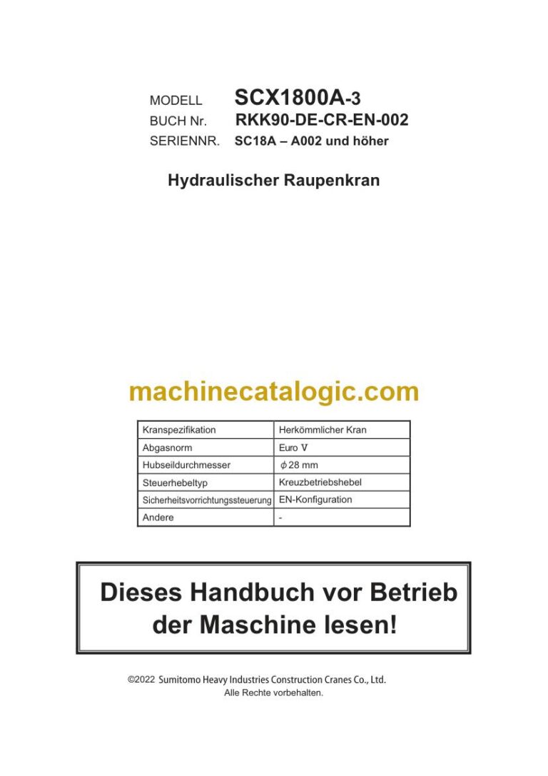 Hitachi SCX1800A-3 Raupenkran Betriebsanleitung (RKK90-DE-CR-EN-002R00) – Deckblatt