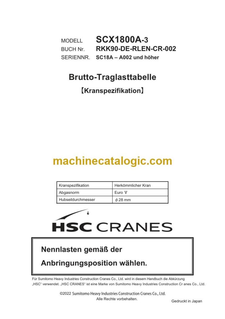 Hitachi SCX1800A-3 Raupenkran Brutto-Traglasttabelle Traglasttabelle (RKK90-DE-RLEN-CR-002R00) – Deckblatt