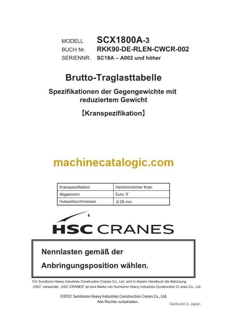 Hitachi SCX1800A-3 Raupenkran Gegengewichte mit reduziertem Gewicht Traglasttabelle (RKK90-DE-RLEN-CWCR-002R00) – Deckblatt