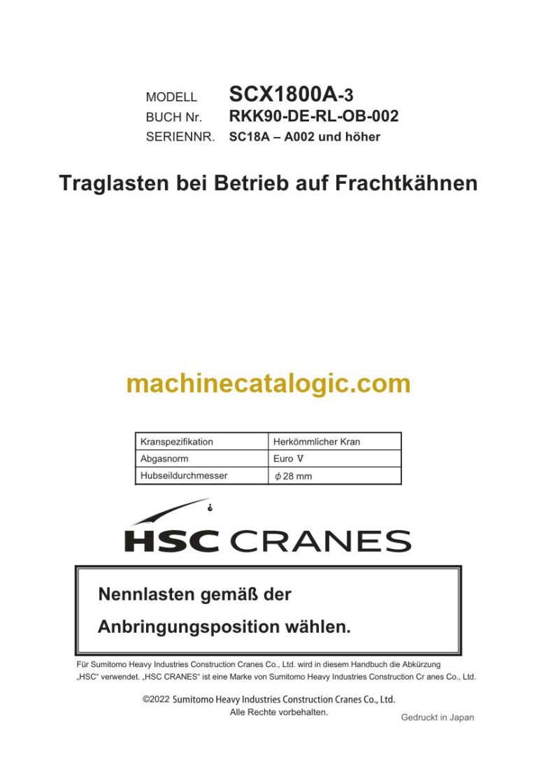 Hitachi SCX1800A-3 Raupenkran Traglasten auf Schuten Traglasttabelle (RKK90-DE-RL-OB-002R00) – Deckblatt