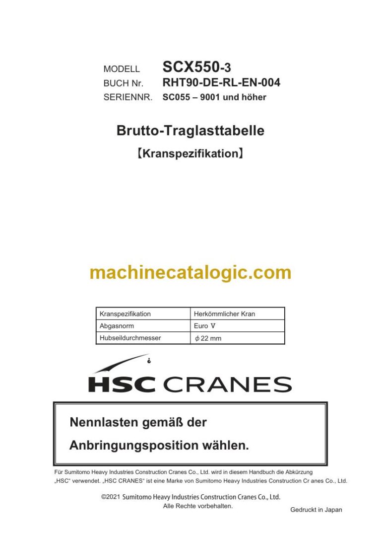 Hitachi SCX550-3 Raupenkran Brutto-Traglasttabelle Traglasttabelle (RHT90-DE-RL-EN-004R00) – Deckblatt