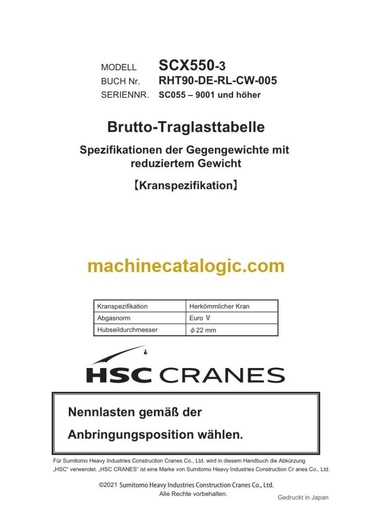 Hitachi SCX550-3 Raupenkran Gegengewichte mit reduziertem Gewicht Traglasttabelle (RHT90-DE-RL-CW-005R00) – Deckblatt