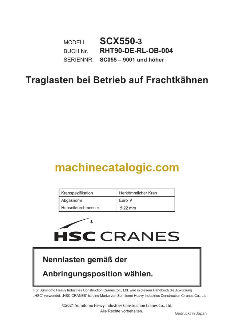 Hitachi SCX550-3 Raupenkran Traglasten auf Schuten Traglasttabelle (RHT90-DE-RL-OB-004R00) – Deckblatt