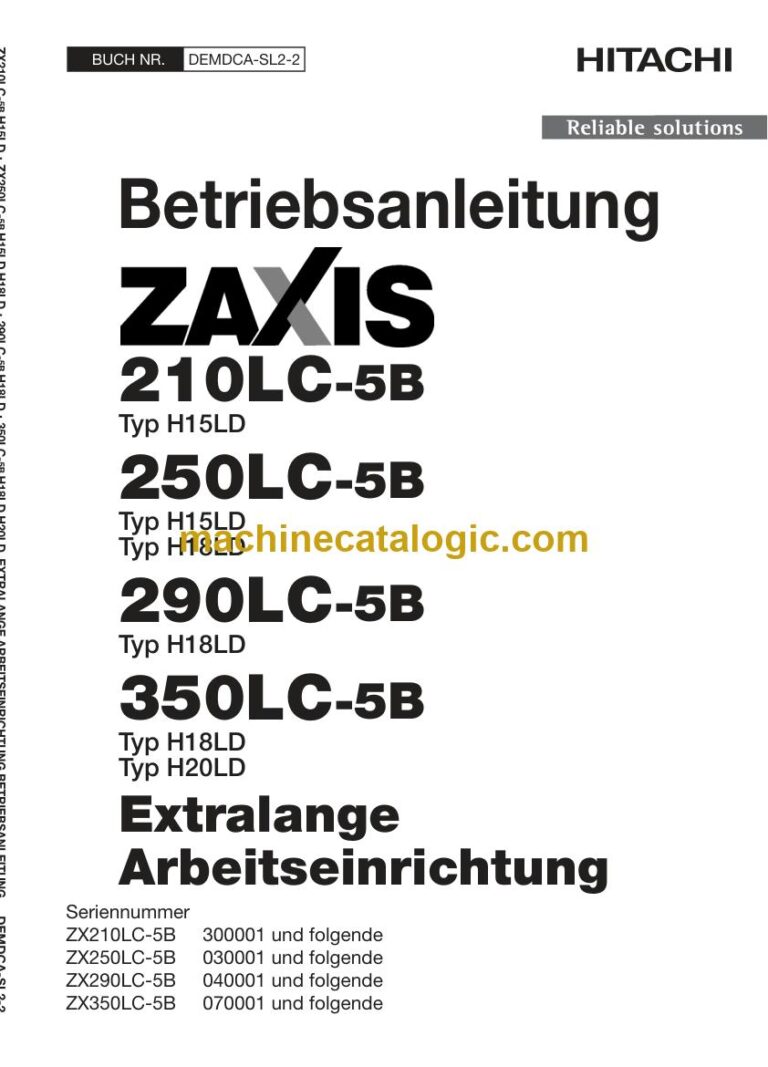 Hitachi ZX290LC-5B, ZX350LC-5B Hydraulikbagger Extralange Arbeitsausrüstung Betriebsanleitung (DEMDCA-SL2-2) – Deckblatt