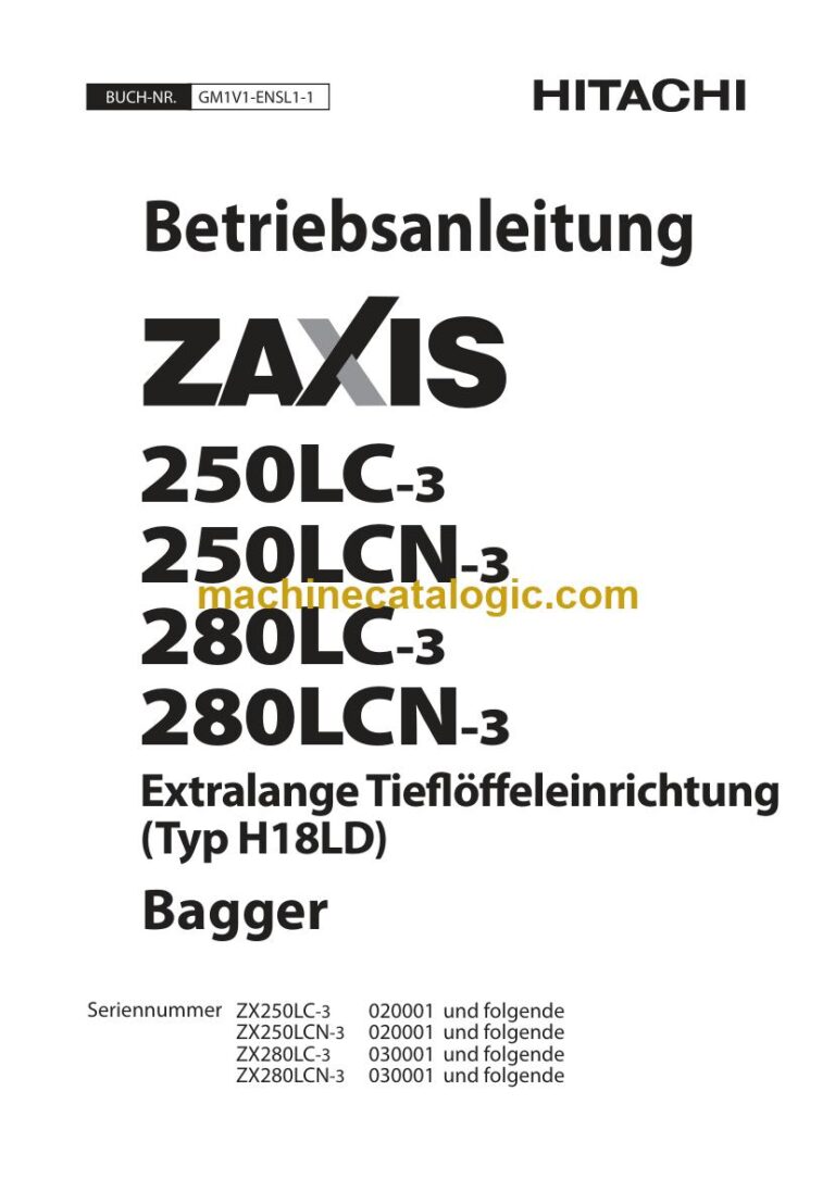 Hitachi ZX280LC-3, ZX280LCN-3 Hydraulikbagger Extralange Arbeitsausrüstung (Typ H18LD) Betriebsanleitung (GM1V1-ENSL1-1) – Deckblatt