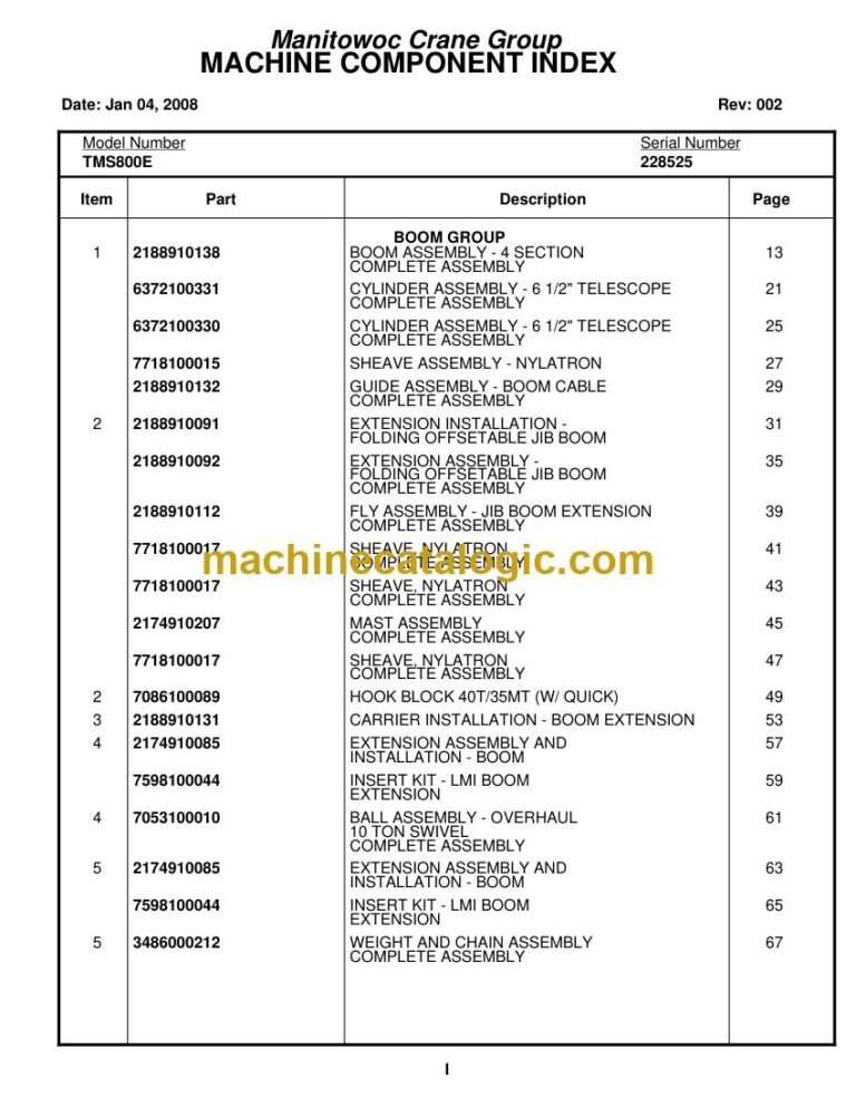 Grove TMS800E Truck Crane Parts Manual