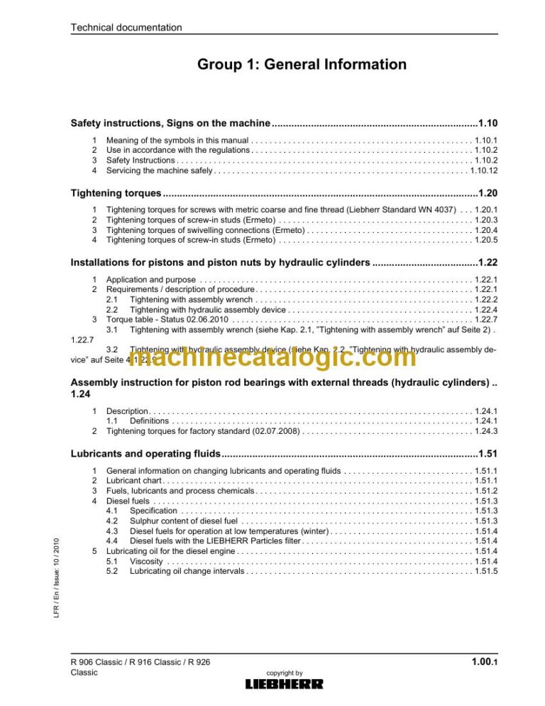 Liebherr R 906 Classic, R 916 Classic and R 926 Classic Excavator Service Manual