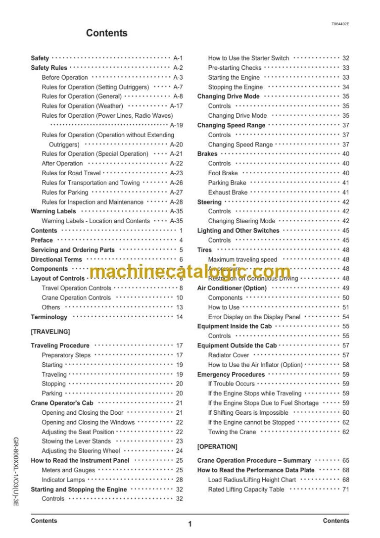 Tadano GR-800XXL-1 Rough Terrain Crane Operator Manual