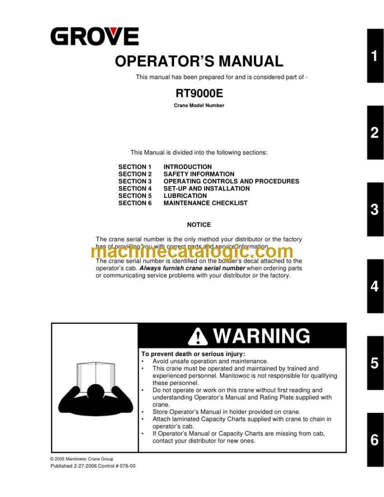 Grove RT9000E Rough Terrain Crane Full Manual (Operator, Parts, Service, Schematics)