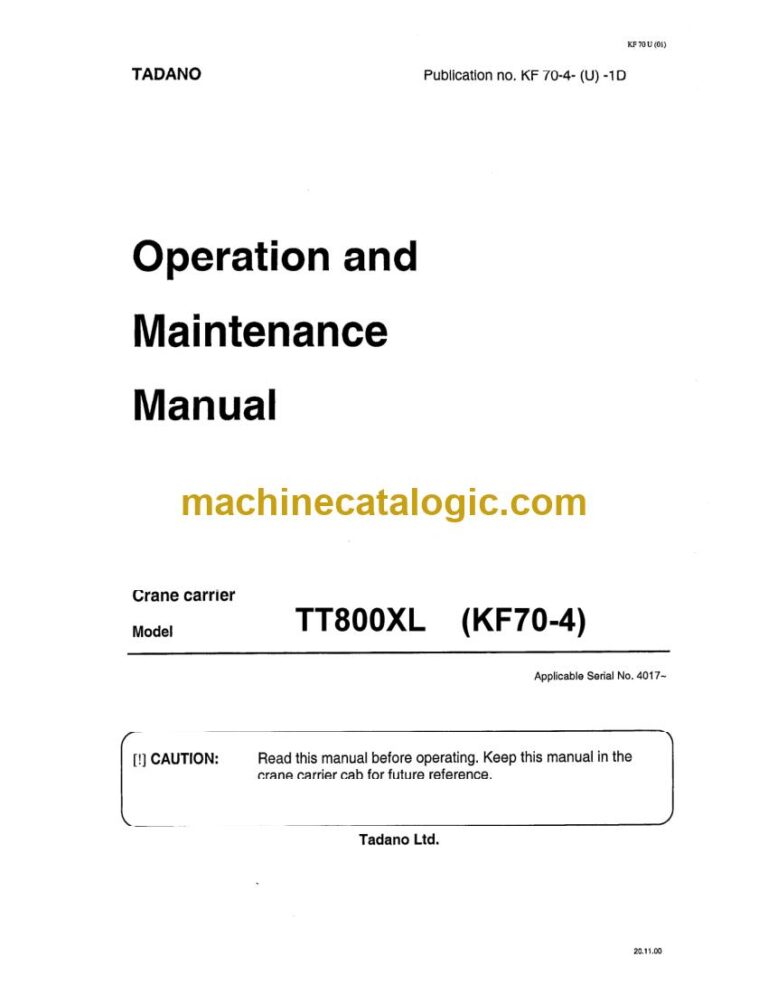 Tadano TT-800XL Truck Crane Full Manual (Operator, Parts, Schematics)