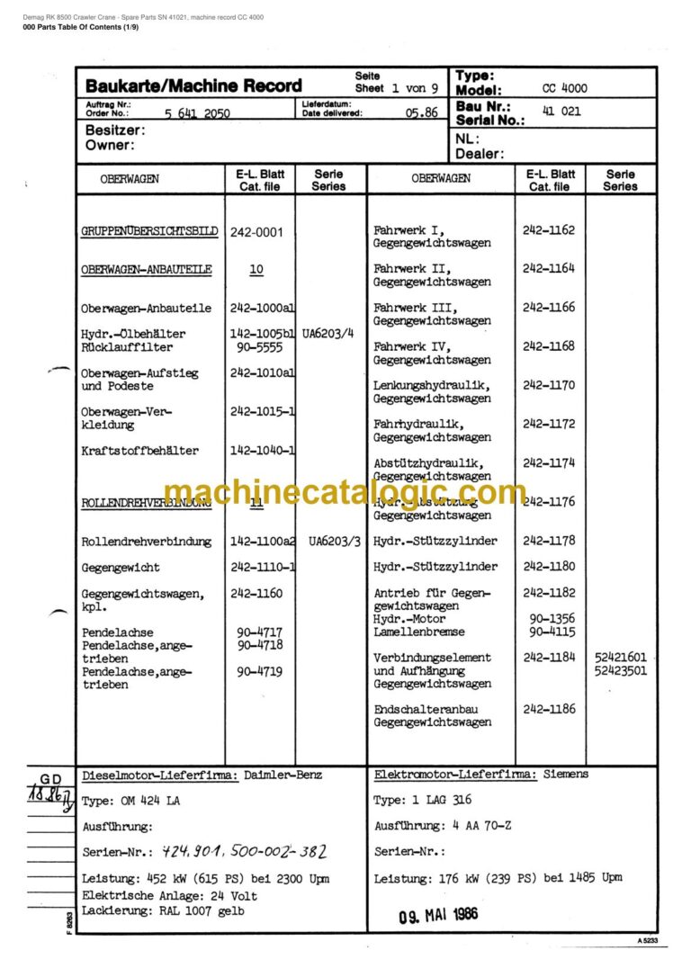 Demag RK 8500 Crawler Crane Parts Manual